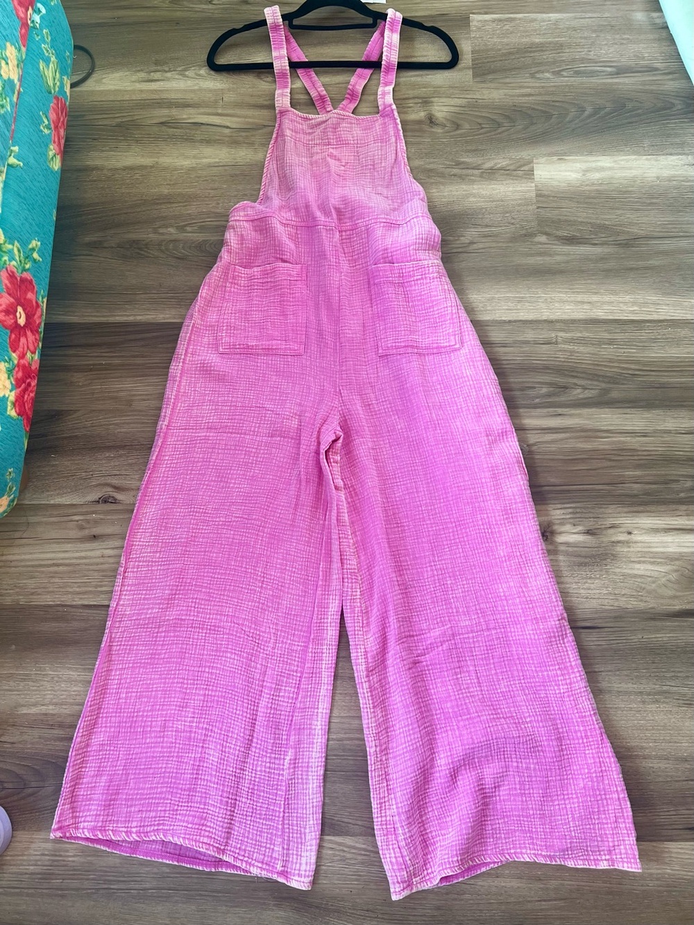 Pink Wide-Leg Cotton Gauze Overalls